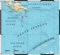 Carte du passage de Drake montrant les points A, B, C, D, E et F mentionnés dans le traité de Paix et d'Amitié entre l'Argentine et le Chili de 1984.