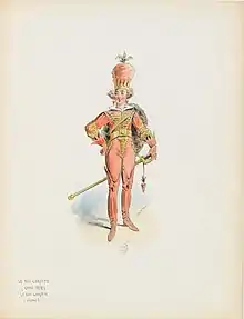 Costume moulant, de couleur orange, complété par un couvre-chef constitué d'une couronne entourant le haut d'une carotte.