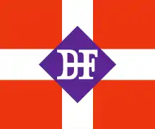 Dessin en couleurs d'un drapeau à fond rouge divisé en quatre par une croix blanche avec au centre les initiales « D F».