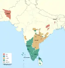 Aire de diffusion du tamoul au sein des langues dravidiennes.