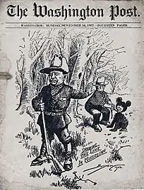 Première page d'un journal anglophone composée d'une caricature de Teddy Roosevelt et d'un ours.