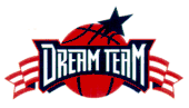 Logo composé de Dream Team écrit sur une banderole dans un fond bleu, devant un ballon de basket, celui-ci étant surmonté d'une étoile.