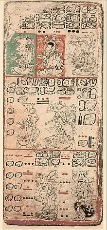 Image de du Codex de Dresde. On observe de nombreuses inscriptions colorées.