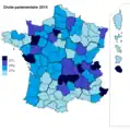 Résultats électoraux de la droite parlementaire (hors DLF) au premier tour par département.