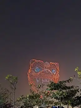 Essaime de drones figurant une tête de tigre lumineuse.