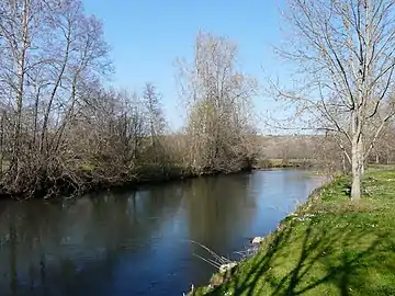 Au lieu-dit Beauclair, la Dronne sert de limite entre Douchapt (au premier plan) et Saint-Victor (vue prise en direction de l'amont).