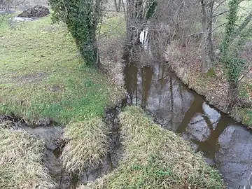 La Dronne au pont de la route nationale 21, en limite de Firbeix (à gauche) et Bussière-Galant (Haute-Vienne).