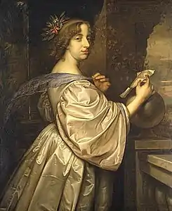 Portrait peint d'une femme en pied de profil qui regarde l'observateur. Celle-ci revêt une robe et tient un parchemin.