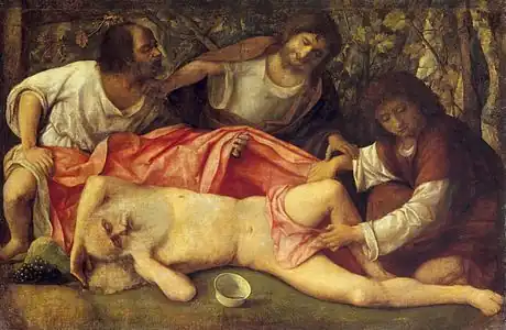 Giovanni Bellini (vers 1425/33-1553), L'Ivresse de Noé, vers 1515, huile sur toile,  103 × 157 cm.