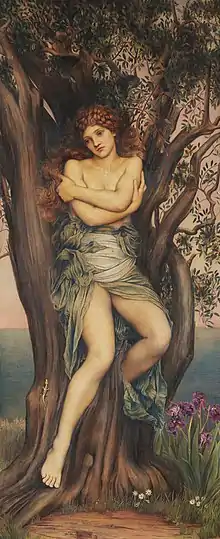La peinture montre une femme peu vêtue, assise au centre d'un arbre.
