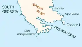 Carte de l'extrémité méridionale de la Géorgie du Sud avec l'île de Cooper.