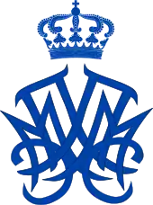 Monogramme de couleur bleu surmonté d'une couronne montrant les initiales latines MC et grecque Π enlacées.