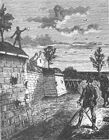 Jules Ducatel monte sur le bastion no 64 pour prévenir les troupes versaillaises que la porte de Saint-Cloud n'est plus gardée. Il est repéré par le capitaine  Auguste Trève.