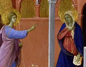 Détail de peinture. L'ange tend la main vers Marie qui se désigne du doigt.