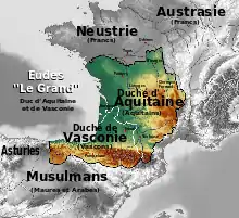 Carte de la Vasconie et de l'Aquitaine en union personnelle durant Eudes « le Grand » (710-740).