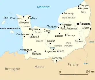 Carte du duché de Normandie au XII siècle avec localisation des villes importantes