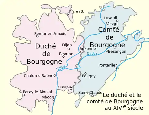 Carte du duché de Bourgogne à gauche en rose, et du comté de Bourgogne à droite en bleu