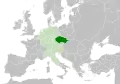 L'État tchèque au XIe siècle, en tant que duché de Bohême (en vert), au sein du Saint-Empire romain germanique (vert clair).