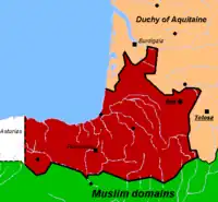 Le duché de Vasconie (en rouge), le duché d'Aquitaine (en saumon), les domaines musulmans (en vert).