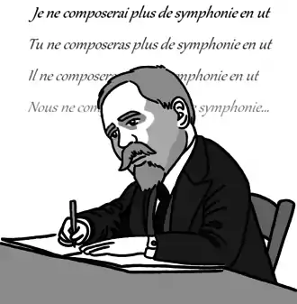 Caricature. Paul Dukas conjugue « je ne composerai plus de symphonie en ut ».