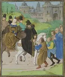 Enluminure représentant Jean de Gand, à cheval et vêtu de noir, recevant la reddition des habitants de Saint-Jacques-de-Compostelle devant les murailles de la ville.