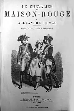 Le Chevalier de Maison-rouge de Dumas, couverture gris clair avec dessin à l'encre d'une jeune femme encadrée par deux soldats.