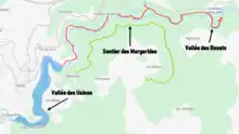 Plan des sites touristiques bordant la Durolle. Il est possible de différencier la vallée des Usines, le sentier de la Margeride et la vallée des Rouets.