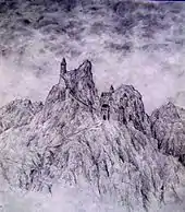 Dessin en noir et blanc d'un sommet montagneux coiffé d'un château.