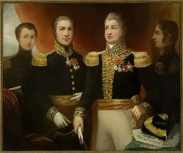 Le Général Léopold Hugo avec deux de ses frères et son fils Abel en uniforme de la Restauration, vers 1825, Paris, maison de Victor Hugo.