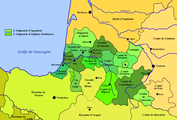 Carte des fiefs de Gascogne vers 1150