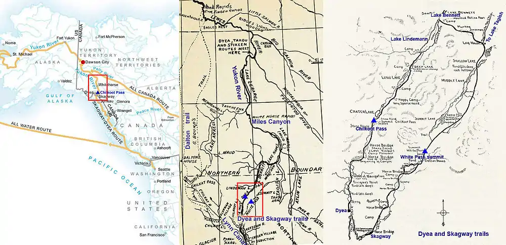 Vue d'ensemble et plus précise de la route Dyea/Skagway. Chaque cadre rouge représente un grossissement de la carte précédente. La piste Dalton est représentée à gauche de la carte centrale.