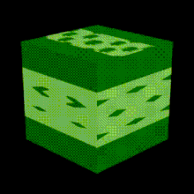 Animation représentant un cube à dominante verte qui réalise des tours sur lui-même à l'horizontale et à la verticale.