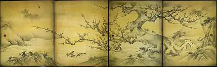 Kanō Shōei et son fils Kanō Eitoku. Fleurs et oiseaux des quatre saisons. XVIe siècle. Encre sur papier, 2 paires de 16 fusuma, 2 x (176x142 cm.). Daitoku-ji (大徳寺), Kyoto.