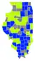 Les comtés en bleu sont remportés par Carlin et les comtés verts par Edwards