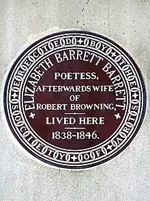 Blue plaque de la poétesse Elisabeth Barrett, en brique rouge, posée par la Royal Society of Arts en 1899.