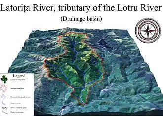 Vue numérique d'un relief et mise en évidence d'une rivière, de ses affluents et du périmètre de son bassin versant.