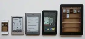 Différents appareils (téléphone portable, liseuses et tablettes tactiles) utilisant diverses applications pour la lecture de livres numériques