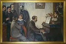 Réunion de musiciens chez M.  Godebski par Georges d'Espagnat (1910, Paris, Bibliothèque-musée de l'Opéra). Ce tableau montre Cipa Godebski et son fils Jean Godebski chez eux 22 rue d'Athènes à Paris, entourés de musiciens du cercle des Apaches, Florent Schmitt, Déodat de Séverac, Michel-Dimitri Calvocoressi, Albert Roussel, Ricardo Viñes (au piano), Maurice Ravel.