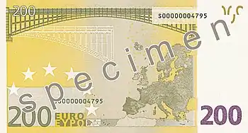 Billet de 200 euros (1re série, verso).