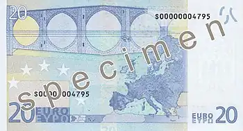 Billet de 20 euros (1re série, verso).