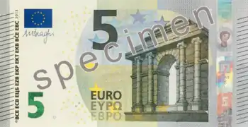 Recto et verso du premier billet de la deuxième série, celui de 5 euros.
