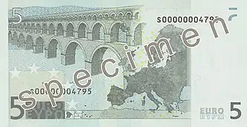 Billet de 5 euros (1re série, verso).