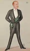 Caricature d'un homme aux cheveux blonds avec une moustache portant un élégant costume avec une écharpe verte portée sous la veste