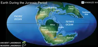 La carte des terres émergées au Jurassique.