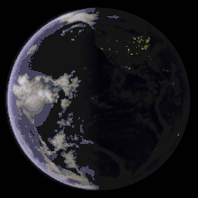 Animation gif montrant une rotation de la Terre, la moitié de la sphère étant éclairée.