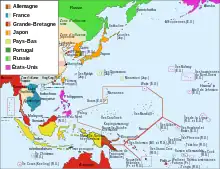 Les zones d'influence en Océanie autour de 1914.