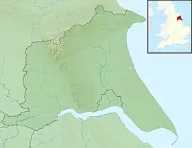 Carte du Yorkshire de l'Est avec les Wolds du Yorkshire s'étendant en équerre jusqu'à la frontière avec le Yorkshire du Nord.