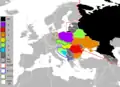 Membres du groupe d'Europe de l'Est colorés selon le temps qu'ils avaient passé au Conseil de sécurité à la date de  2010.