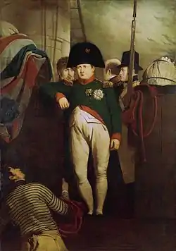 Charles Lock Eastlake, « Napoleon on the Bellerophon », 1816 : la cocarde sur le chapeau est blanc, bleu rouge, le rouge vers l'extérieur.
