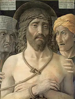 Christ lié de cordes et entouré de figures grimaçantes.